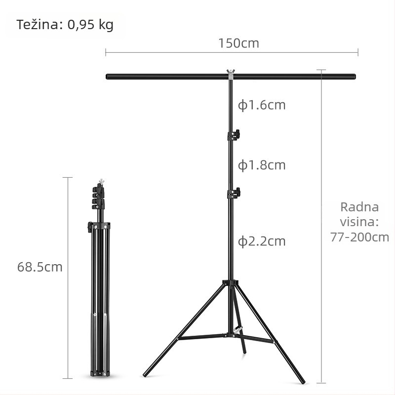 Zhijie Stalak za fotografijsko pozadje, 3 dijela, promjer cijevi 2,2/1,8/1,6 cm, težina 0,95 kg