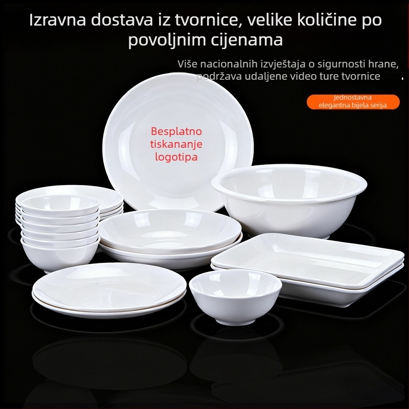Melaminški set posuđa – okrugli oblik, jednostavan uzorak, moderni minimalistički stil; mikrovalna pećnica nije dopuštena; moguć otisak logotipa