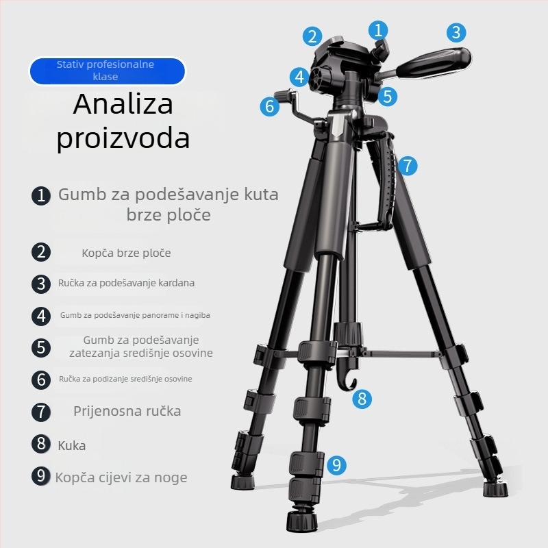 Stativ za kameru s 3-osnom glavom, prijenosna podrška za livestream s mobitelom, kompatibilan s Canon i Sony