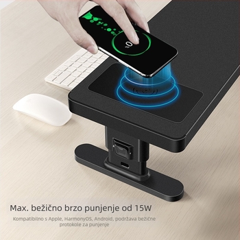 Metalni prilagodljivi nosač monitora s prostorom za stolom i bežičnim USB punjenjem