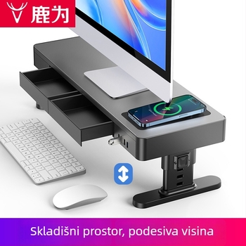 Metalni prilagodljivi nosač monitora s prostorom za stolom i bežičnim USB punjenjem