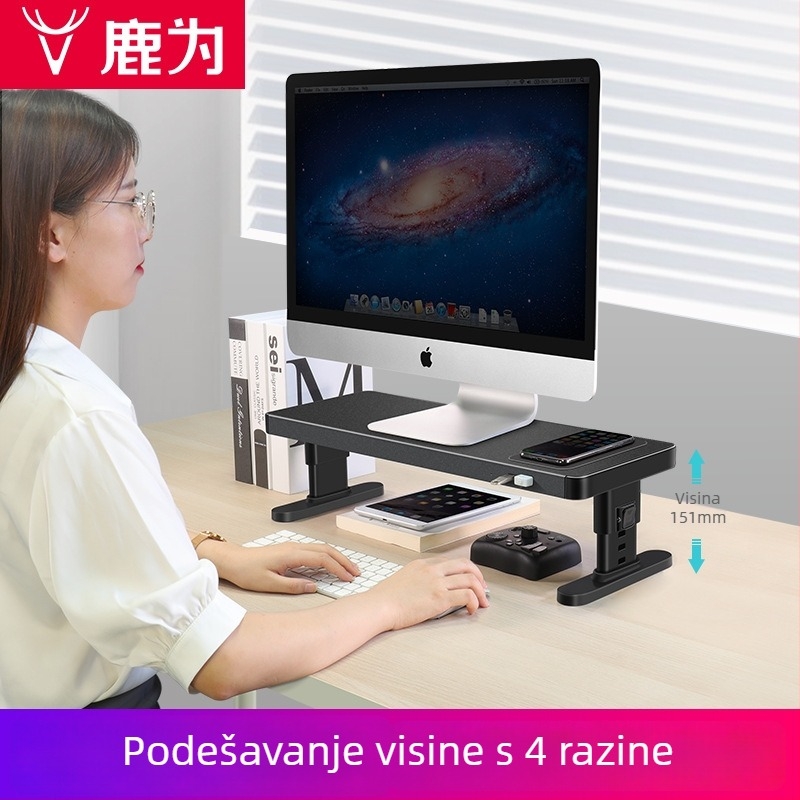Metalni prilagodljivi nosač monitora s prostorom za stolom i bežičnim USB punjenjem