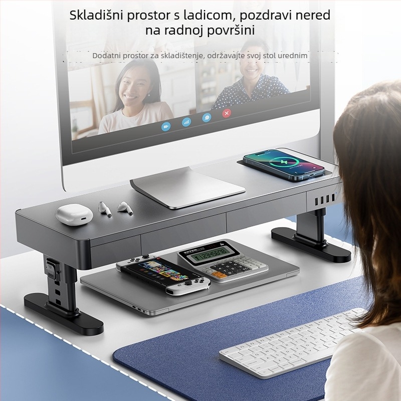 Metalni prilagodljivi nosač monitora s prostorom za stolom i bežičnim USB punjenjem