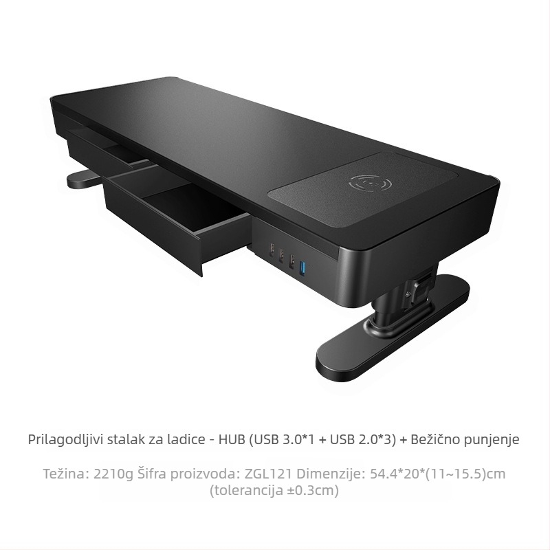 Metalni prilagodljivi nosač monitora s prostorom za stolom i bežičnim USB punjenjem