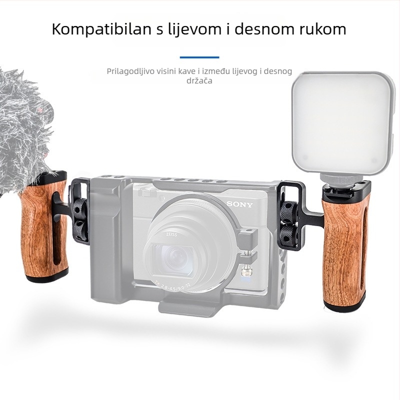 LP-096 Drvena ručka za kameru — aluminijska legura + drvo, univerzalna kompatibilnost s kamerama, tip: držač za bljeskalicu / ručka, maksimalno opterećenje 2–5 kg