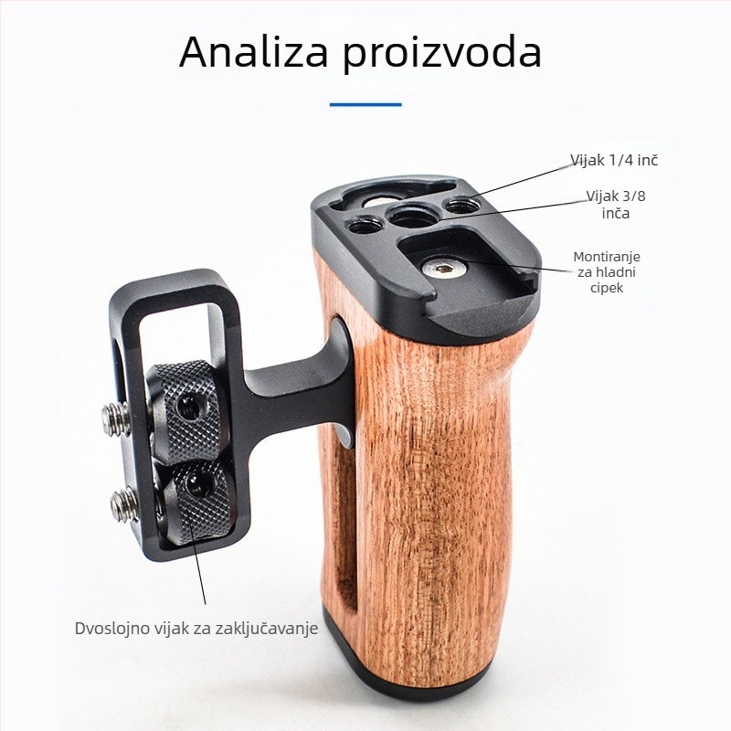 LP-096 Drvena ručka za kameru — aluminijska legura + drvo, univerzalna kompatibilnost s kamerama, tip: držač za bljeskalicu / ručka, maksimalno opterećenje 2–5 kg