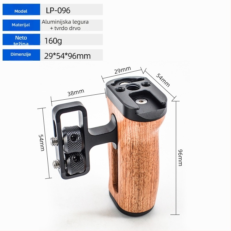 LP-096 Drvena ručka za kameru — aluminijska legura + drvo, univerzalna kompatibilnost s kamerama, tip: držač za bljeskalicu / ručka, maksimalno opterećenje 2–5 kg