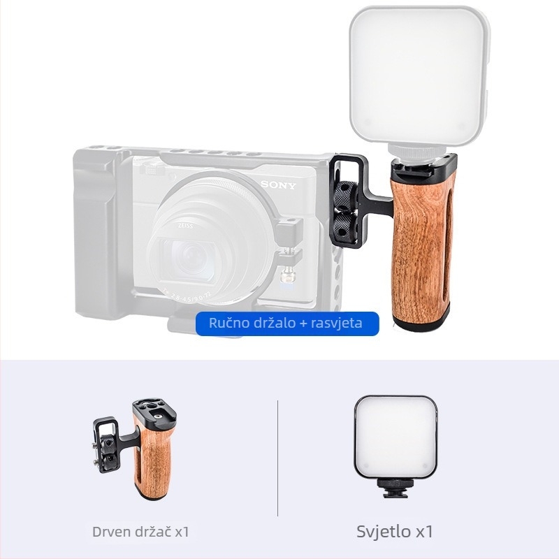 LP-096 Drvena ručka za kameru — aluminijska legura + drvo, univerzalna kompatibilnost s kamerama, tip: držač za bljeskalicu / ručka, maksimalno opterećenje 2–5 kg