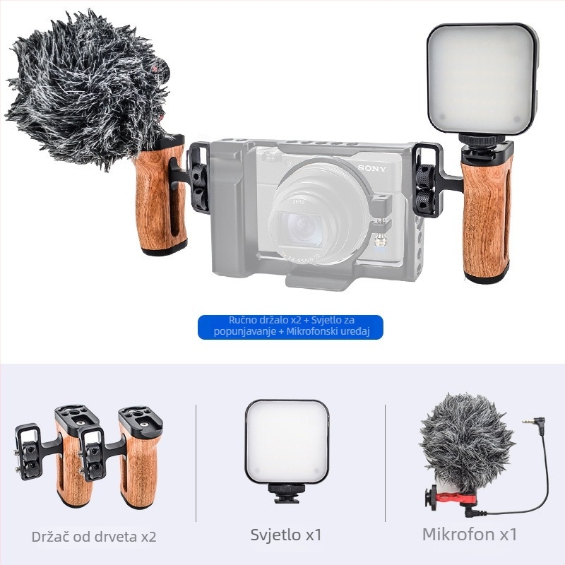 LP-096 Drvena ručka za kameru — aluminijska legura + drvo, univerzalna kompatibilnost s kamerama, tip: držač za bljeskalicu / ručka, maksimalno opterećenje 2–5 kg