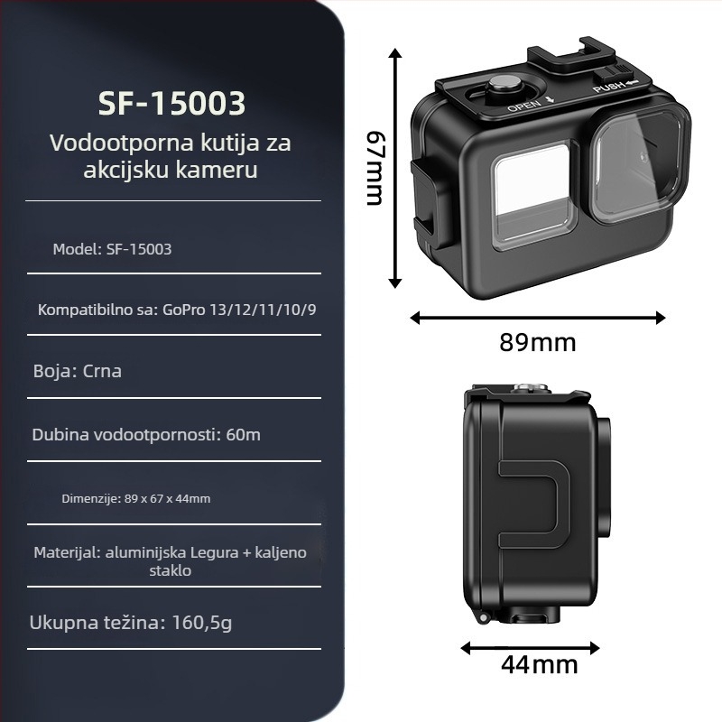 Domineering Sf15003 vodootporno zaštitno kućište za GoPro 9–13, aluminijska legura + kaljeno staklo