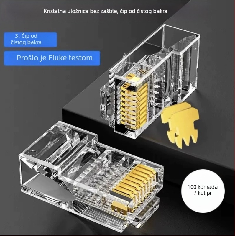 RJ45 konektor s 8 vodova od čiste bakra, zlatni kontakti, kompatibilan s Cat5e/Cat6, prijenos visoke brzine