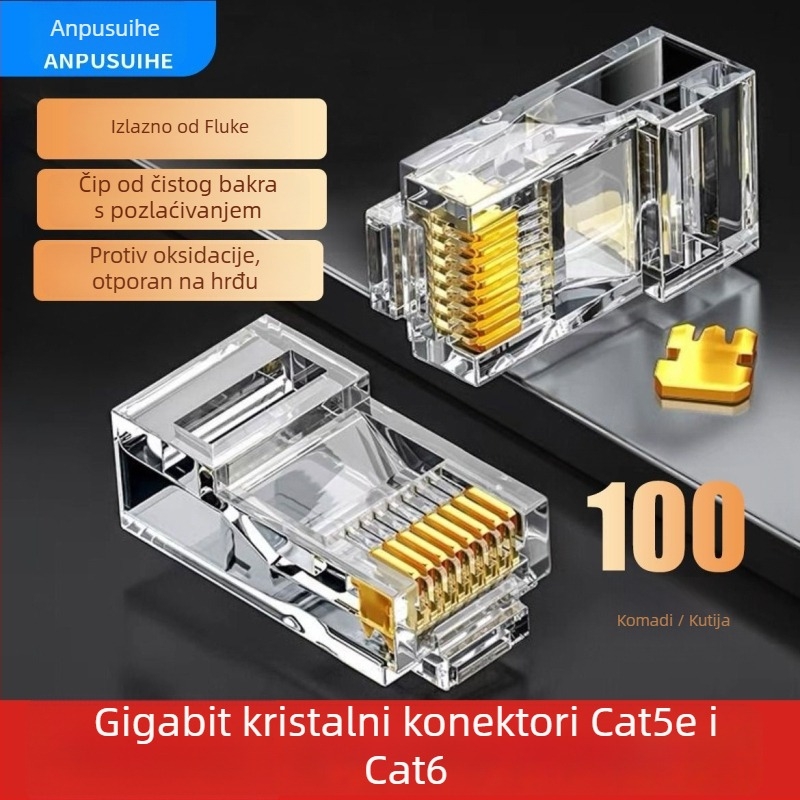 RJ45 konektor s 8 vodova od čiste bakra, zlatni kontakti, kompatibilan s Cat5e/Cat6, prijenos visoke brzine