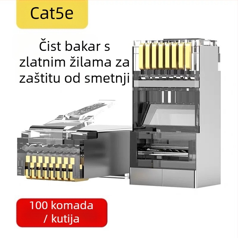 RJ45 konektor s 8 vodova od čiste bakra, zlatni kontakti, kompatibilan s Cat5e/Cat6, prijenos visoke brzine