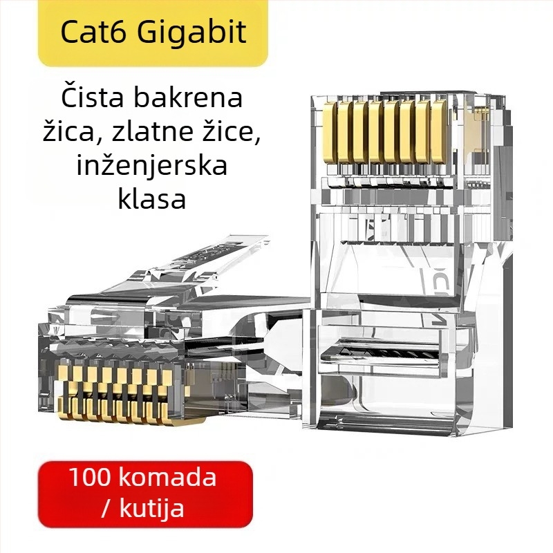 RJ45 konektor s 8 vodova od čiste bakra, zlatni kontakti, kompatibilan s Cat5e/Cat6, prijenos visoke brzine