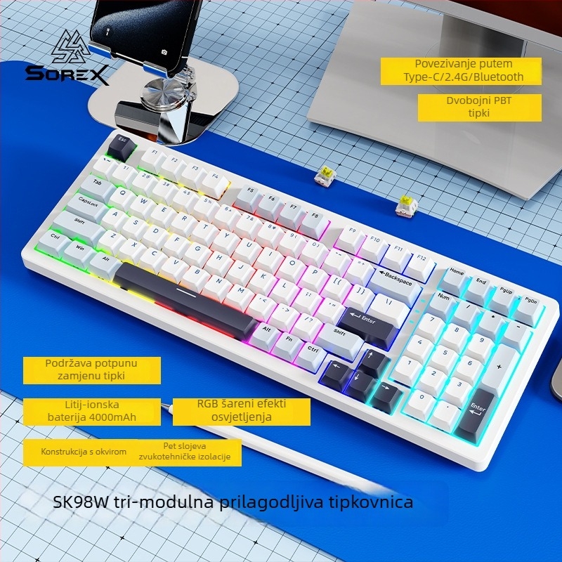 SOREX SK98W mehanička tipkovnica, kompaktna s 87 tipki, zeleni prekidači, RGB pozadinsko osvjetljenje, 3-modna povezanost (Bluetooth, USB-C kabel, 2.4G bežično), prilagodba podržana