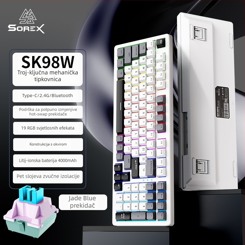 SOREX SK98W mehanička tipkovnica, kompaktna s 87 tipki, zeleni prekidači, RGB pozadinsko osvjetljenje, 3-modna povezanost (Bluetooth, USB-C kabel, 2.4G bežično), prilagodba podržana