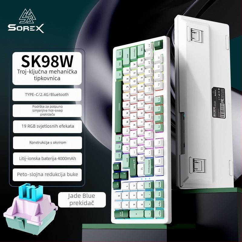 SOREX SK98W mehanička tipkovnica, kompaktna s 87 tipki, zeleni prekidači, RGB pozadinsko osvjetljenje, 3-modna povezanost (Bluetooth, USB-C kabel, 2.4G bežično), prilagodba podržana