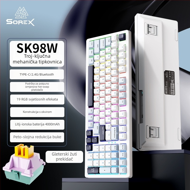 SOREX SK98W mehanička tipkovnica, kompaktna s 87 tipki, zeleni prekidači, RGB pozadinsko osvjetljenje, 3-modna povezanost (Bluetooth, USB-C kabel, 2.4G bežično), prilagodba podržana