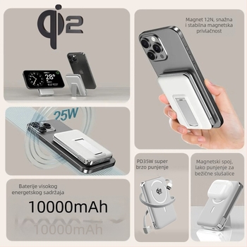 Power Bank sa solid-state baterijom, ugrađenim stalkom i magnetskim bežičnim punjenjem 25W, Qi2.2 protokol, maksimalni izlaz 35W