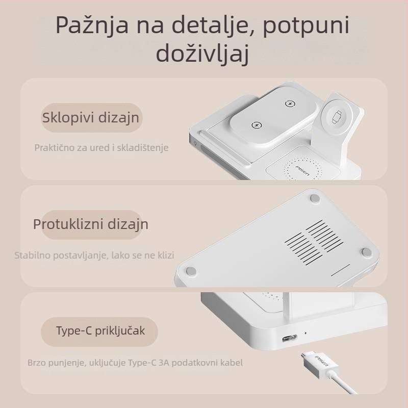 Pisen 3-u-1 bežični punjač za iPhone 15 Pro, Bluetooth slušalice i pametni sat – PD, magnetsko punjenje, 22.5W (5V/3A)