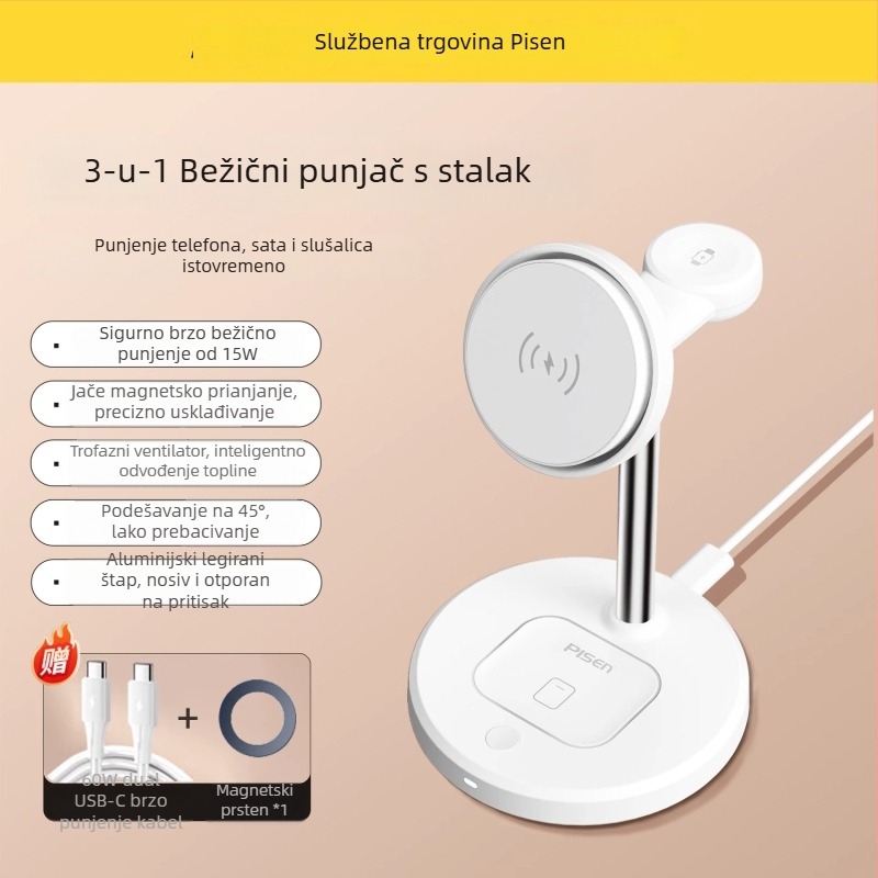 Pisen 3-u-1 bežični punjač za iPhone 15 Pro, Bluetooth slušalice i pametni sat – PD, magnetsko punjenje, 22.5W (5V/3A)