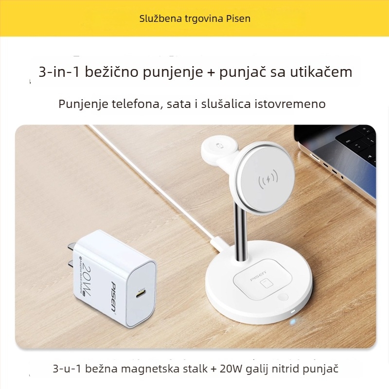 Pisen 3-u-1 bežični punjač za iPhone 15 Pro, Bluetooth slušalice i pametni sat – PD, magnetsko punjenje, 22.5W (5V/3A)