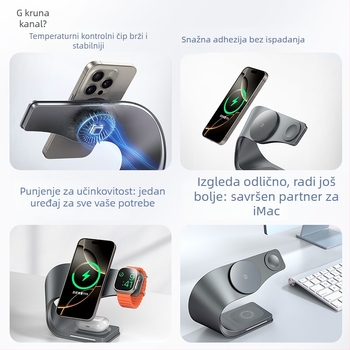 3-u-1 sklopivi okretni bežični punjač za Apple iPhone – magnetski metalni držač, PD brzo punjenje, 15W/5W/2.5W (ukupno 22.5W)