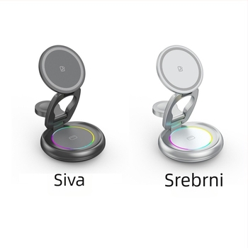 3-u-1 sklopivi okretni bežični punjač za Apple iPhone – magnetski metalni držač, PD brzo punjenje, 15W/5W/2.5W (ukupno 22.5W)