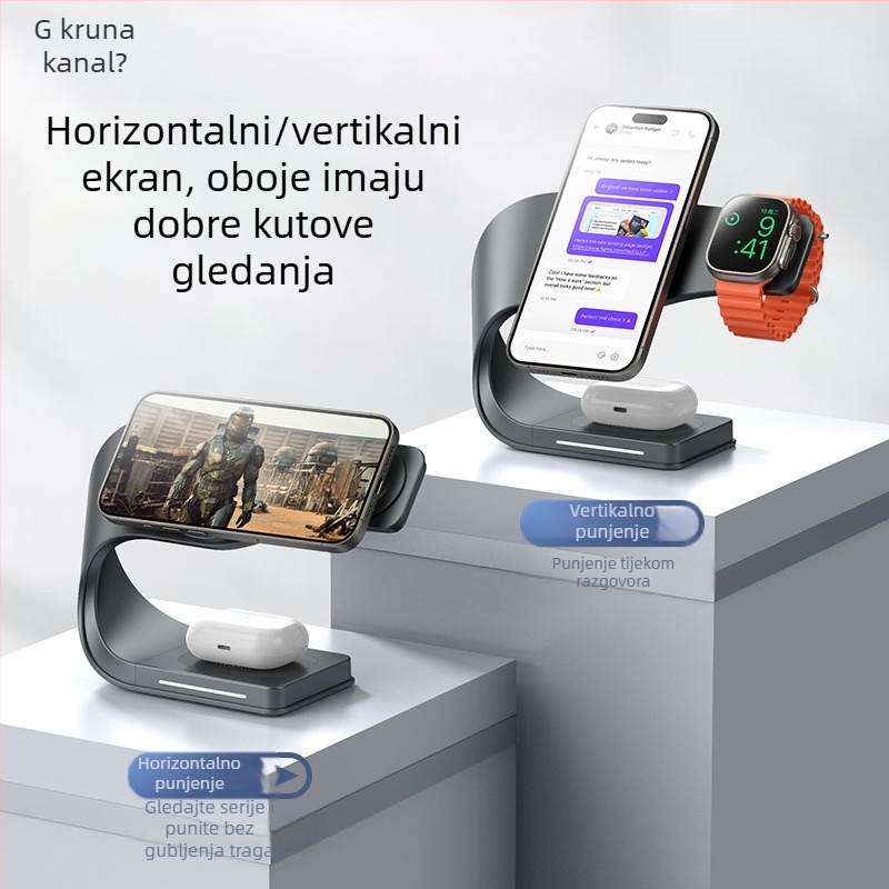 3-u-1 sklopivi okretni bežični punjač za Apple iPhone – magnetski metalni držač, PD brzo punjenje, 15W/5W/2.5W (ukupno 22.5W)
