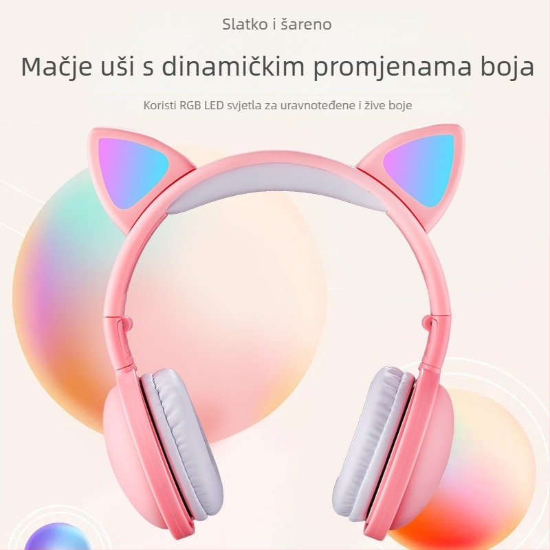 Bluetooth slušalice za nošenje na glavi sa svijetlećim mačjim ušima, BT 5.3, domet 15 m, trajanje baterije >8 h, PC+ABS materijal, vodootporan dizajn