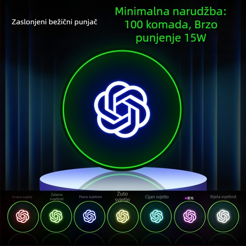 Bežični punjač s osvijetljenim logotipom – 15W brzo punjenje, QC3.0, 2A izlaz, kompatibilan s Apple, Huawei i Xiaomi