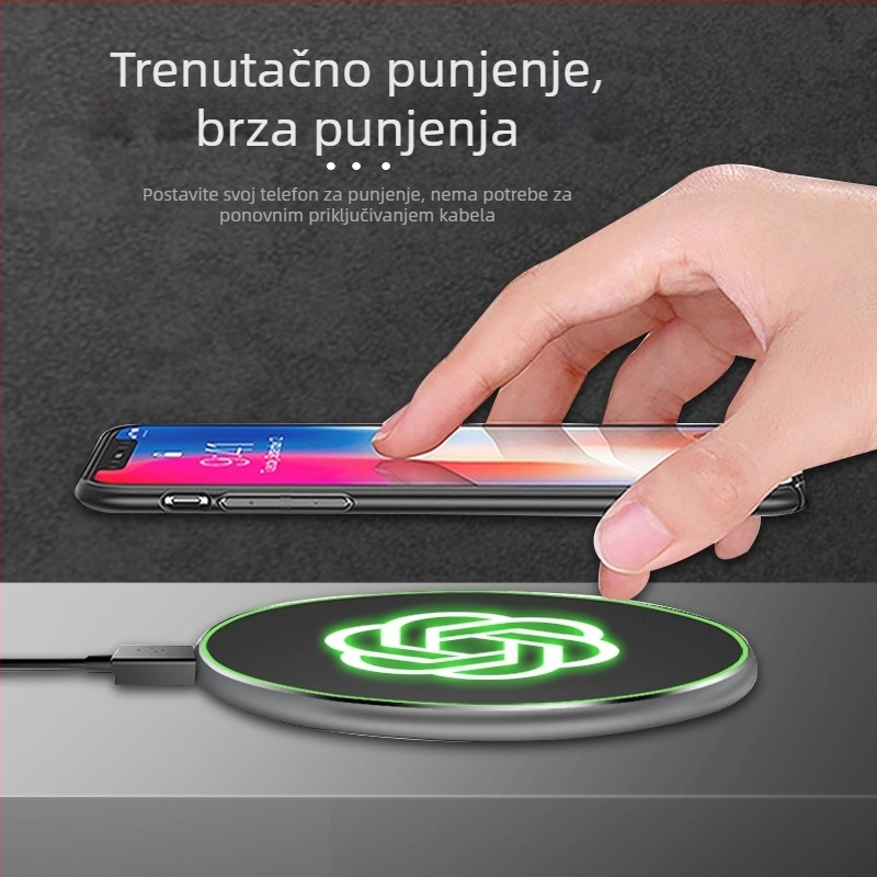Bežični punjač s osvijetljenim logotipom – 15W brzo punjenje, QC3.0, 2A izlaz, kompatibilan s Apple, Huawei i Xiaomi