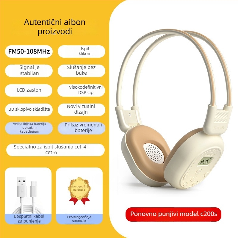 C-200A Bežične FM slušalice za sveučilišni engleski CET-4/6 ispit, raspon frekvencija 50–108 Hz, impedance 32 Ω, osjetljivost 108 dB/mW, 3,5 mm priključak