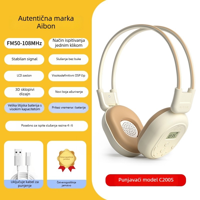 C-200A Bežične FM slušalice za sveučilišni engleski CET-4/6 ispit, raspon frekvencija 50–108 Hz, impedance 32 Ω, osjetljivost 108 dB/mW, 3,5 mm priključak