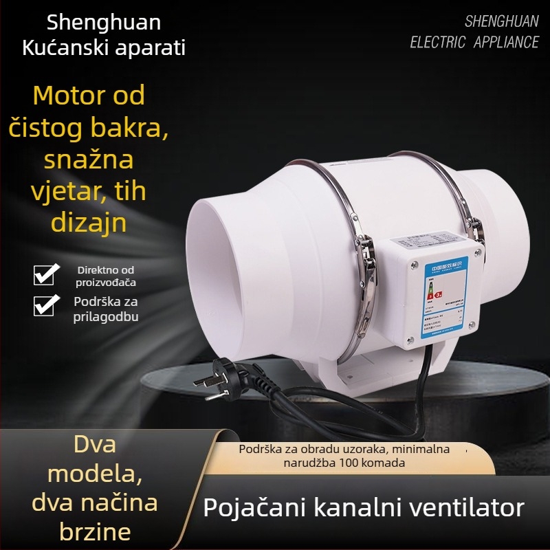 Kanalni ispušni ventilator – snažan i tih, kućna kuhinjska ventilacija, model SL-100-1, 220V, 35–160W, tip tlaka cijevi