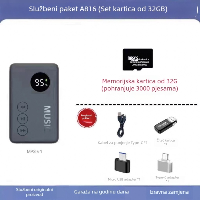 Prijenosni Bluetooth MP3 player s utorom za karticu, Model 816, Broj proizvoda GC2ddeJk, 1-godišnja garancija