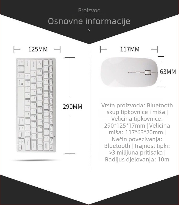 Ultra-tanki bežični set tipkovnice i miša s Bluetoothom, kompatibilan s tabletom, telefonom i PC-om, ergonomski dizajn, OEM-ready