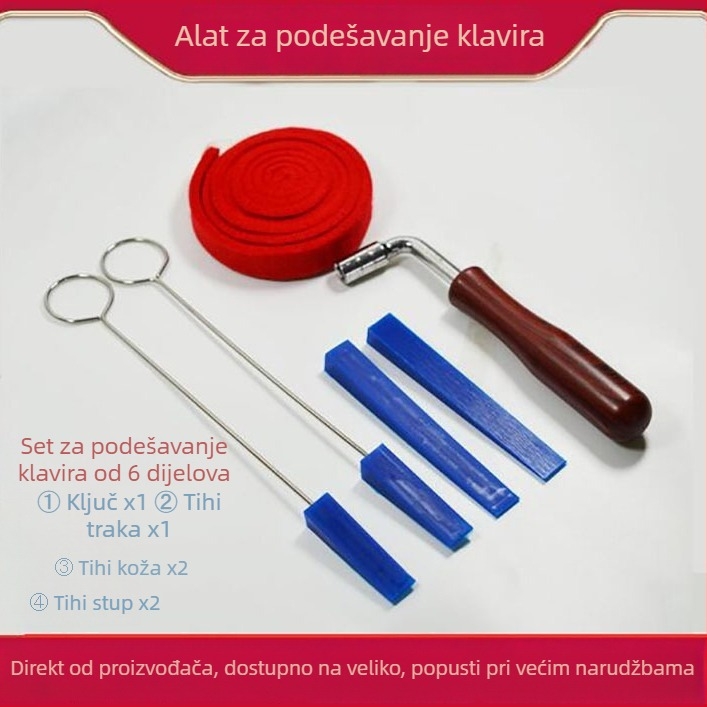 Set alata za podešavanje klavira, 6-dijelni, uključuje ručni alat za podešavanje, kožnu vilicu za utišavanje, šipicu za utišavanje, remen za utišavanje
