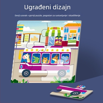 Puzzle karte: 5-10 karata sa životinjama, dinosaurima i građevinskim vozilima; papir; za djecu od 0 do 3 godine; pakirano u šarenoj kutiji.