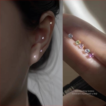 S999 Sterling Silver Earbone studovi za žene, minimalistički i kompaktni, sitni šareni dijamanti za piercing uha, svestrane i luksuzne naušnice u Instagram stilu
