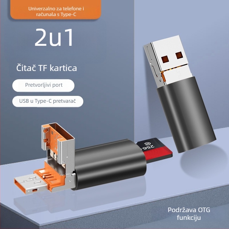 Dvostruki čitač kartica USB 2.0, podrška TF kartici, metalno kućište, za mobitele i računala