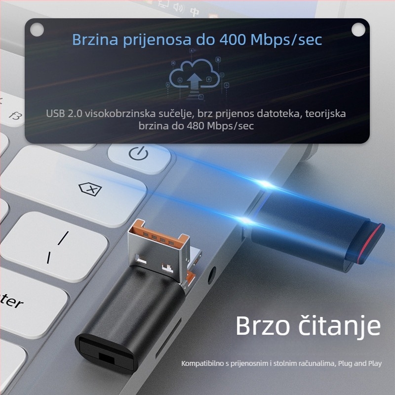 Dvostruki čitač kartica USB 2.0, podrška TF kartici, metalno kućište, za mobitele i računala