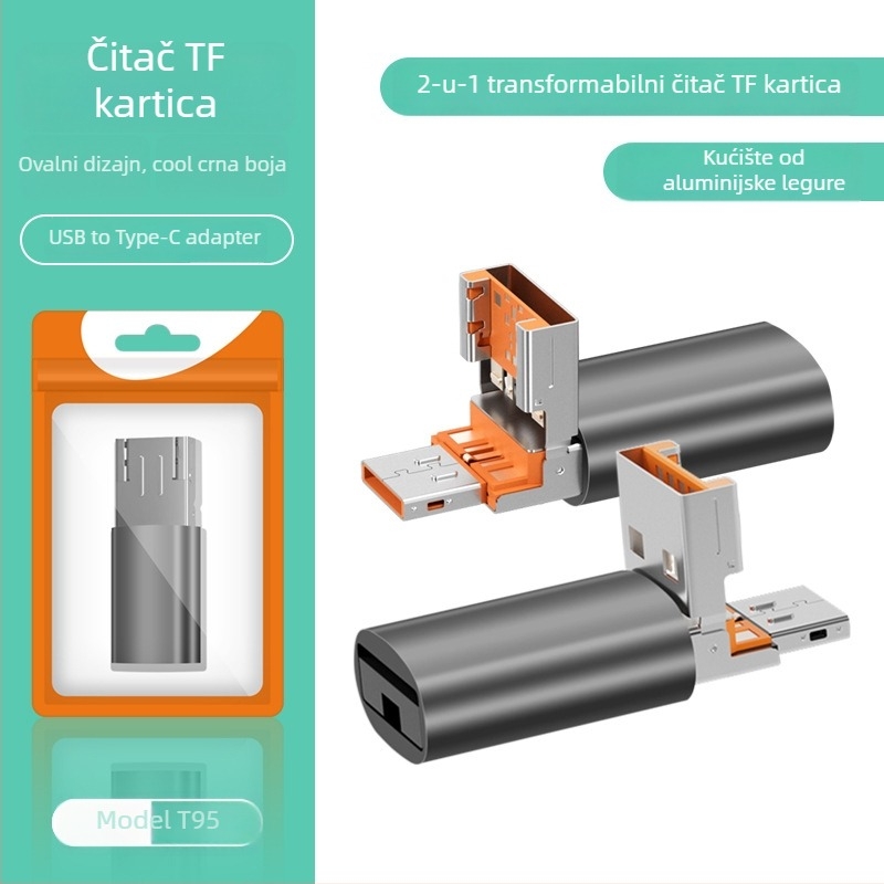 Dvostruki čitač kartica USB 2.0, podrška TF kartici, metalno kućište, za mobitele i računala