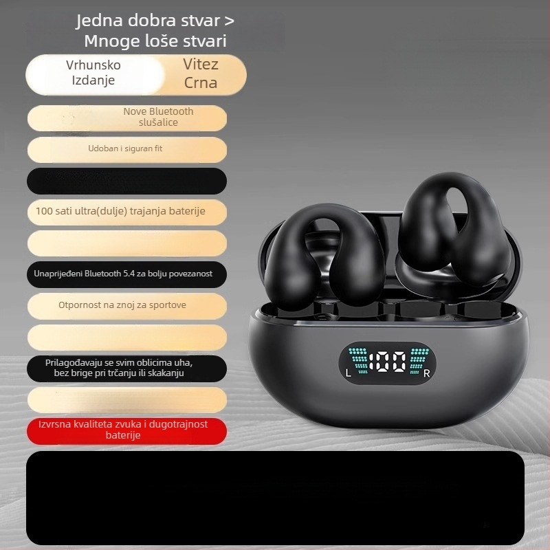 Bluetooth slušalice s koštanom provodljivošću, klips-on, bežične, doseg 15 m, trajanje baterije >8 h, Bluetooth 5.0, podrška pozivima i glazbi