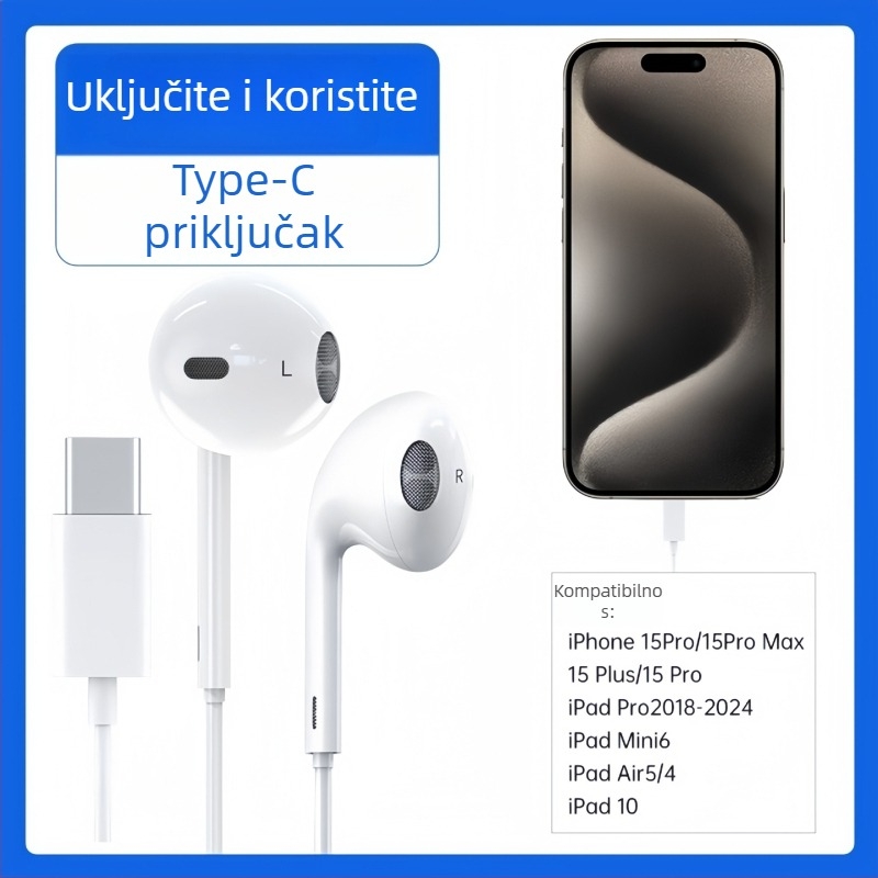 Type-C žične slušalice za Apple 7-16 Pro, In-Ear, kabel duljine 120 cm, osjetljivost 110 dB