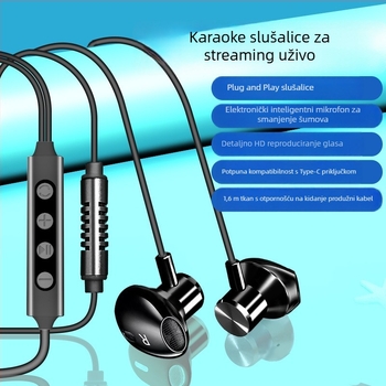 Kar karaoke slušalice s ugrađenom zvučnom kartom i mikrofonom, Type-C priključak, 14,2 mm zvučnici, 1,6 m kabel, žične