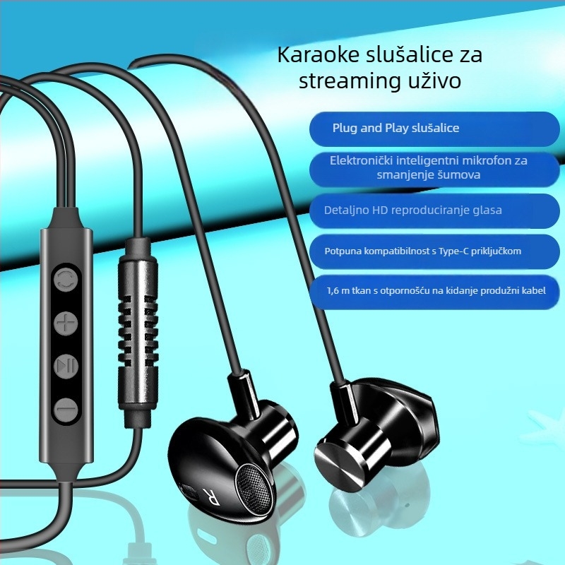 Kar karaoke slušalice s ugrađenom zvučnom kartom i mikrofonom, Type-C priključak, 14,2 mm zvučnici, 1,6 m kabel, žične