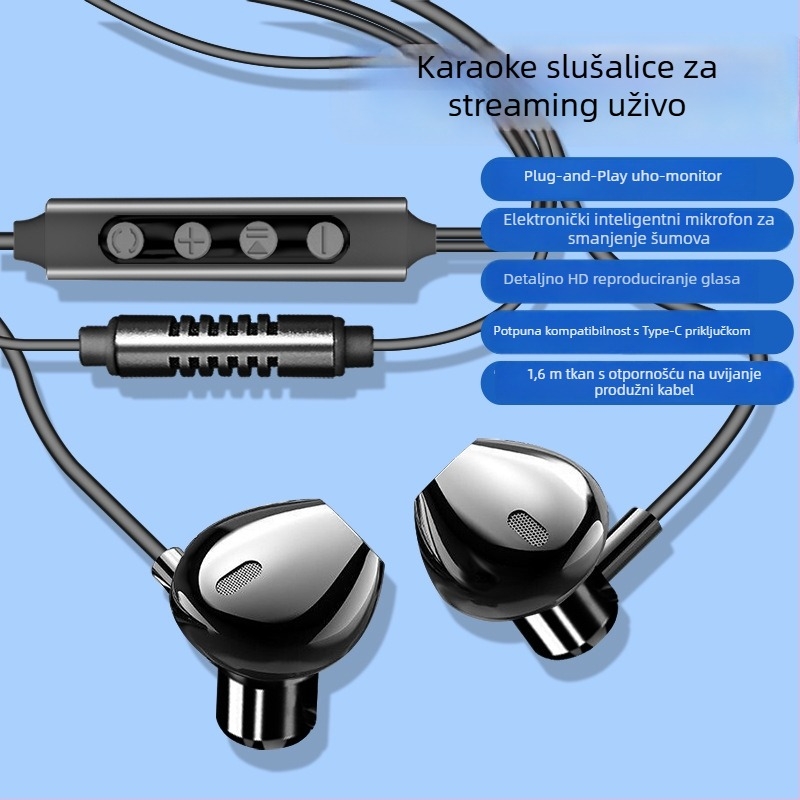 Kar karaoke slušalice s ugrađenom zvučnom kartom i mikrofonom, Type-C priključak, 14,2 mm zvučnici, 1,6 m kabel, žične