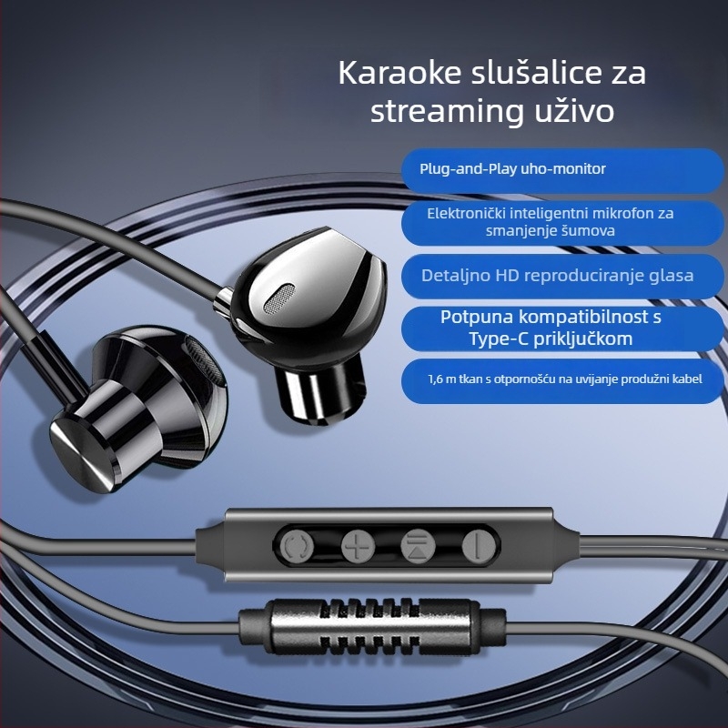 Kar karaoke slušalice s ugrađenom zvučnom kartom i mikrofonom, Type-C priključak, 14,2 mm zvučnici, 1,6 m kabel, žične