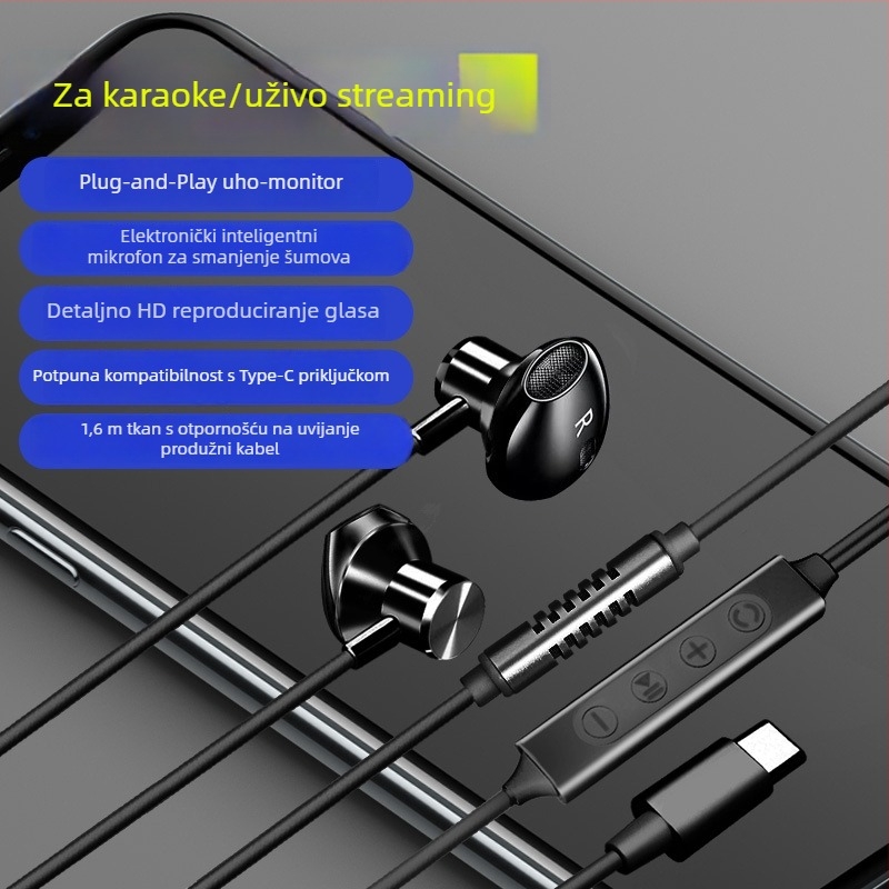 Kar karaoke slušalice s ugrađenom zvučnom kartom i mikrofonom, Type-C priključak, 14,2 mm zvučnici, 1,6 m kabel, žične